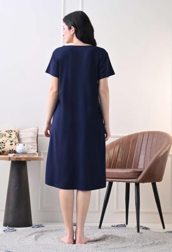 Image of Women's Night Dress Short Sleeve Round Neck Sleepwear with Stylish Contrast Panel, Comfortable Nightwear for Women