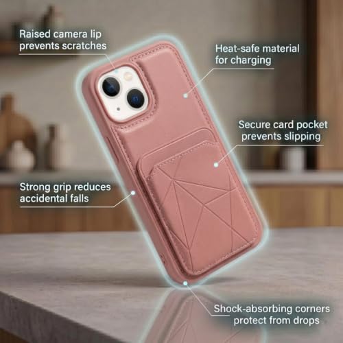 Image of amazon basics Premium Vegan Leather Back Cover with Card Holder and Integrated Mobile Stand for iPhone 14 - Slim Shockproof Wallet Case with Geometric Stitching [Pink]