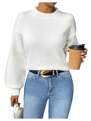 SweatyRocks Women's Mock Neck Pullover Sweater Lantern Long Sleeve Ribbed Knit Sweater4