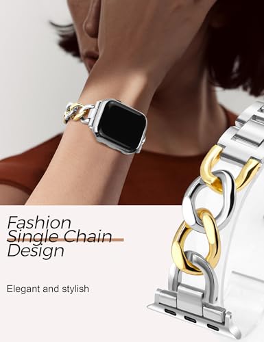 Image of JR.DM Silver Gold Watch Bands for Women Compatible with Apple Watch 46mm 42mm(S3 /2 /1) 44mm 45mm 49mm Adjustable Metal Single Chain Bracelet for iWatch Series 11 /10 /9 /8 /7 /6 /5 /4 SE 3 /2 /1 Ultra (No Case)