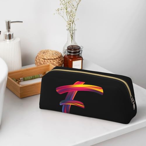 Image of Cute Initial Pencil Case for Kids Simple Leather Pencil Pouch for Boys Girls Letter Design Pencil Box Pen Bag Pencil Pouch Office Stationery Organizer, Rainbow Letter F