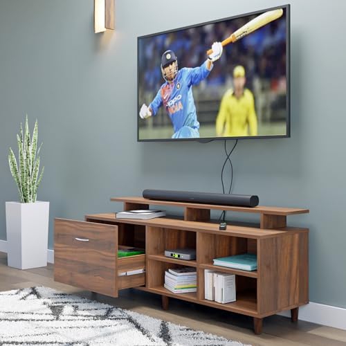 Image of VIKI Modern TV Unit for Living Room | Engineered Wood TV Cabinet with 1 Drawer Storage, 2 Open Shelves & Extension, Entertainment Unit, 140W x 48H x 40D cm | DIY | 1 Year Warranty (Walnut)