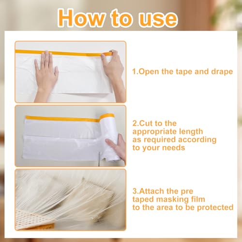 Image of Tape and Drape with 4 Rolls Masking Tape, 4 Sizes Pre Taped Masking Film for Automotive Painting Covering, Multi Use Painters Plastic with Tape for Car Furniture Painting Sheeting Covering