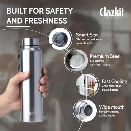 Image of Clazkit Amaze Pro Classic 1000ml Sporty Stainless Steel Water Bottle Set of 6 |ISI Certified| SLeakproof, Rust-Free, BPA-Free, Durable for College, Fridge, Sports, Gym, Yoga & Office