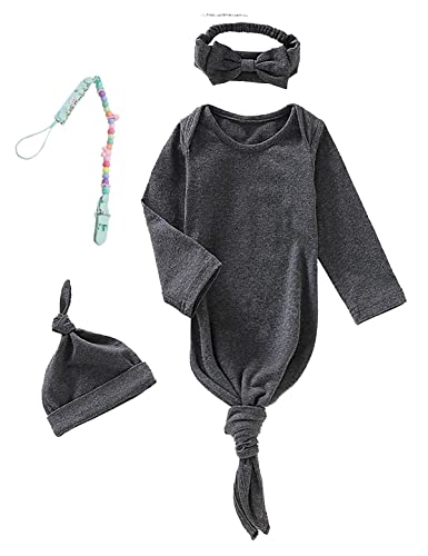 Image of MoryGooder Newborn Hospital Outfit Neutral Baby Knotted Romper Baby Coming Home Outfit (Dark Gray-B,0-6 Months) (T1362B)