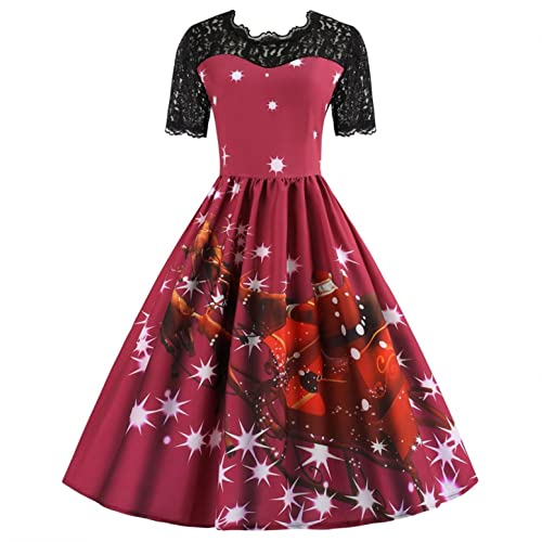 Misaky Women's Christmas Lace Party Dress Short Sleeve Evening Party Prom Dress Vintage Swing Dress
