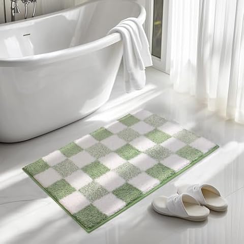 Sage Bathroom Rugs Classic Checkered Bath Mat Non Slip Plush Shaggy Bathmat Extra Soft and Absorbent Microfiber Bath Rugs Quick Dry Machine Washable Bath Mat for Bathroom Floor Tub and Shower 32"x20" Cover