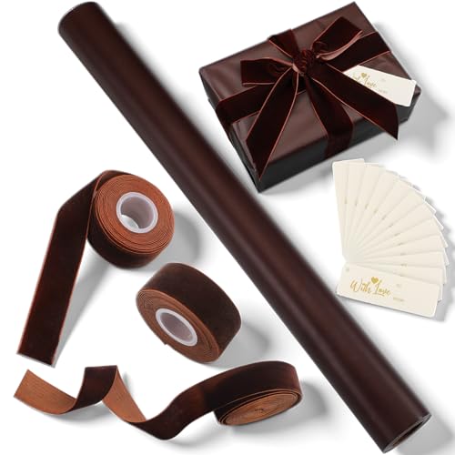 Ctosree Matte Brown Kraft Wrapping Paper 32.81 ft with 45 ft Velvet Ribbon 12 Gift Tags Solid Color Gift Wrapping Paper Roll for Graduation Mothers Fathers Day Wedding Birthday Gifts