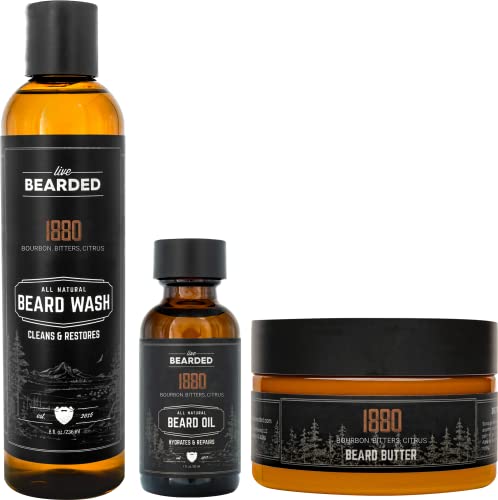 Live Bearded 3-Step Beard Grooming Kit - 1880 - Beard Wash, Beard Oil And Beard Butter - All-Natural Ingredients With Shea Butter, Jojoba Oil And More - Beard Growth Support - Made In The Usa #TOP20
