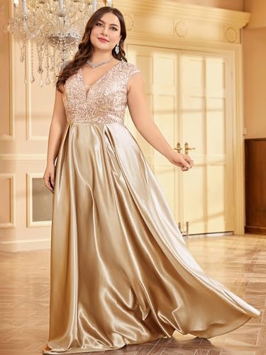 Image of Plus Size Satin Mother of the Bride Formal Gown for Wedding Sleeveless V-Neck Evening Dress