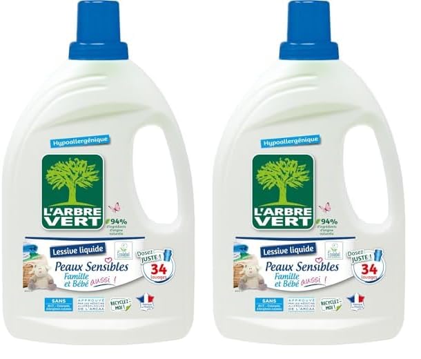 L'ARBRE VERT - Lessive Liquide pour Peaux Sensibles - Famille et Bébé - Hypoallergénique - Sans Allergènes - 33 Lavages - 1,5 L - Certifiée Label ECARF (Paquete de 2)