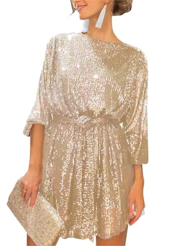 ORANDESIGNE Robe de Paillettes à Col V pour Femme Asymétrique Épaules Nues Chic Robe de Soirée Élégante Robe Mini Brillante Paillette Disco Casual Robe à Manches...