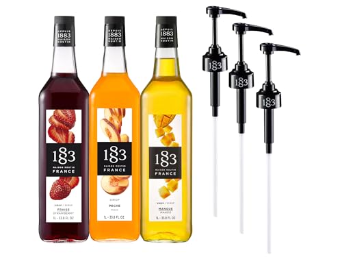 Image of 1883 Strawberry, Peach, Mango Syrups with Pumps (Fruit Lovers) for Drinks - 1 Liter Glass Bottles (Pack of 3)