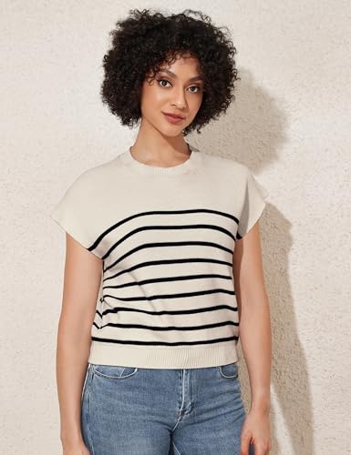 Image of PrettyGuide Women's Cap Sleeve Sweater Tank Tops Casual Summer Ribbed Knit Dressy Tops
