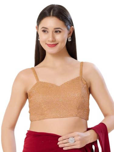 Image of Vamas Women's Shimmer Sleeveless Saree Blouse | Sweetheart Neck Padded Crop Top Blouse Designer Blouse for Lehenga & Saree | Available in Gold, Copper, Silver & Black