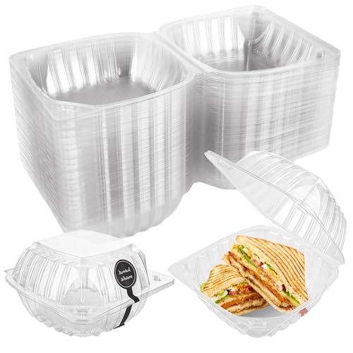 ZUQIAN 200 Pack Clear Clamshell Take Out Tray 6 x 6 x 3.15 Inch Plastic to go Containers, Disposable Takeout Hinged Boxes with 200pcs Hand Made Tags for Dessert, Cakes, Salads, Hamburger, Sandwiches