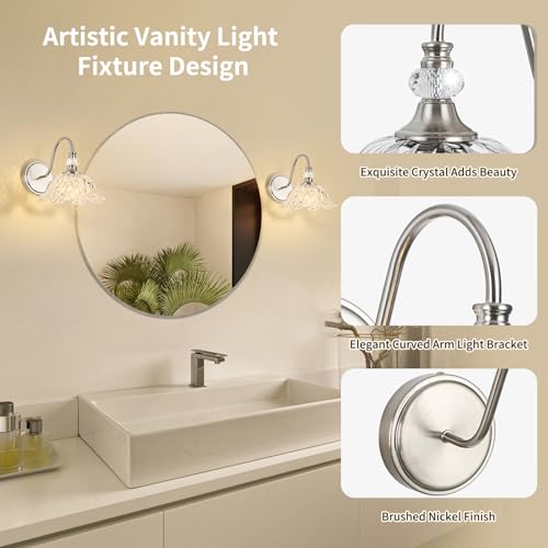 Image of 1 Piece Brushed Nickel Wall Sconce with Floral Clear Glass Shade, Brushed Nickel Finish Wall Mount Lighting for Bathroom, Modern Bathroom Vanity Light Fixture
