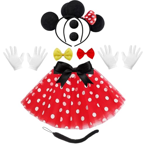 Mouse Kostüm Damen, Mouse Kostüm Set für Damen & Herren, Maus Rote Rock mit Weiß Gepunktet, Maus Ohren, Nase, Handschuhe, Fliege Schleife, Schwanz, für Fasching Karneval Cosplay Party