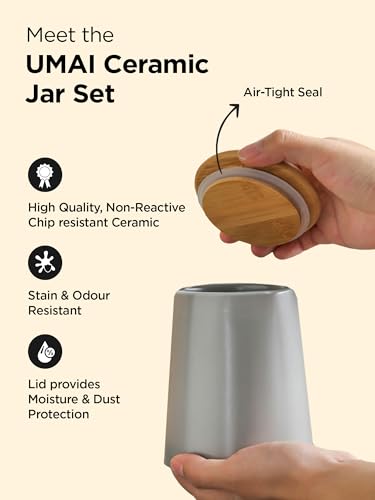 Image of UMAI Ceramic Jar with Bamboo Lid 1000ml | White-Gold | Kitchen Storage Container for Tea, Coffee, Snacks, Sugar, Salt, Pulses, Grains, Dry Fruit, Spices | Kitchen Organizer Gift Set