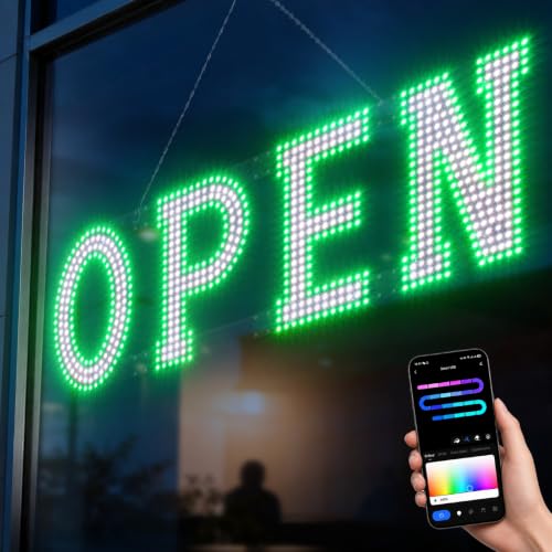 Image of 40 x 12 Inch LED Open Sign for Business - Timer via BT APP & Remote Control, Ultra Bright Large Open Sign with 14 Flash Modes, 6 Dimming Levels & 6 Speed Control for Salon Cafe Restaurant(Green & White)