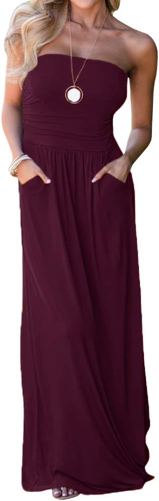 Ofenbuy Womens Off The Shoulder Maxi Dresses Summer Strapless Bandeau Long Dress with Pockets