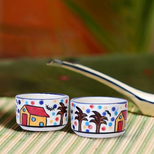Image of Freakway Hand Painted White Ceramic Dip Bowls Set of 2, 40Ml for Serving Chutney /Pickle /Small (HUT)