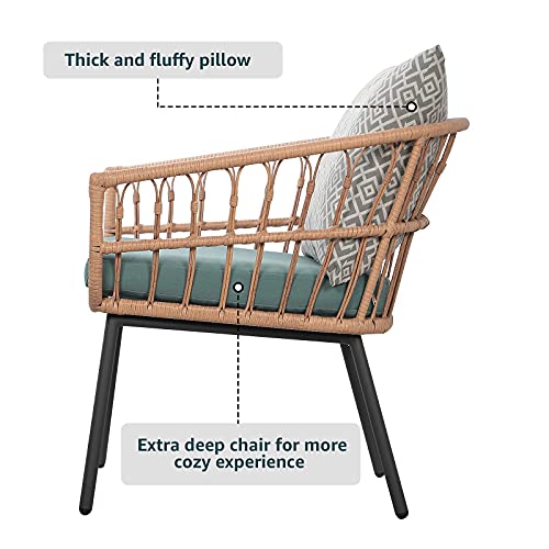 Super Patio 3 Piece Patio Set, Outdoor Furniture Wicker Bistro Set Rattan Chair Conversation Sets With Coffee Table And Cushions, Turquoise/Gray #TOP5