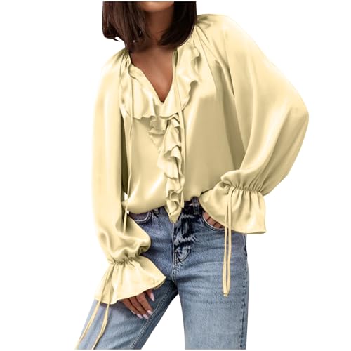 Fall Long Sleeve Blouses for Women Tie V Neck Ruffle Shirts Office Ladies Elegant Dressy Business Casual Work Tops Yellow