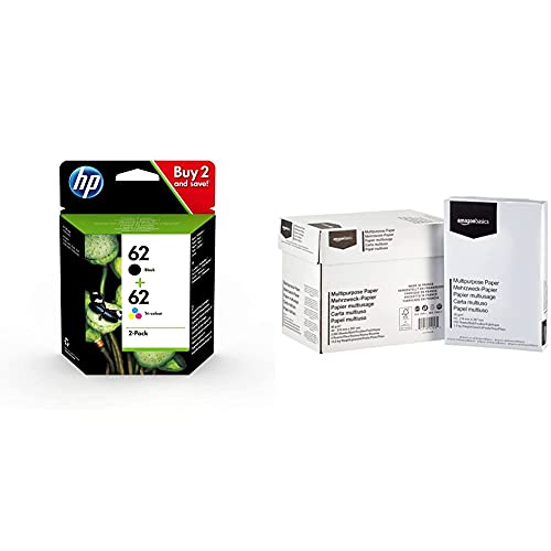 HP 62 Pack de 2 Cartouches d'encre Noire et Trois Couleurs Authentiques (N9J71AE) & Amazon Basics Papier multiusage A4 80gsm, 5x500 Feuilles, Blanc