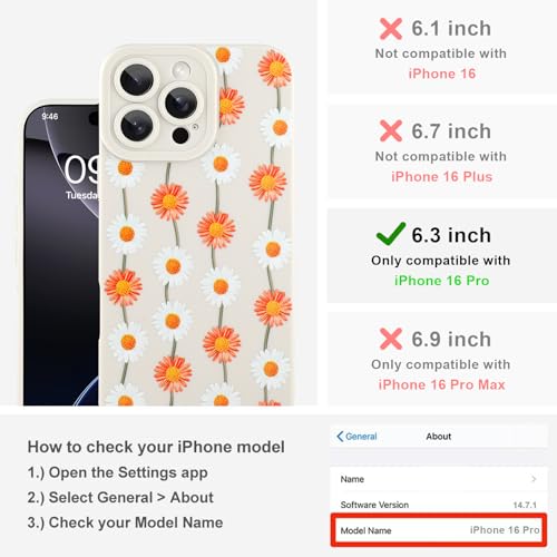 Image of Designed for iPhone 16 Pro Case, Cute Daisy Flower Floral Pattern Design, Slim Soft TPU Liquid Silicone Protective Cover for Women Girls - White