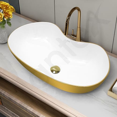Image of Plantex Ceramic Wash Basin for Bathroom /Table Top Washbasin /Designer Countertop Basin for Bathroom /Restaurants /Hotel (White&Gold - 24.5 x 13 x 5.5 Inch)