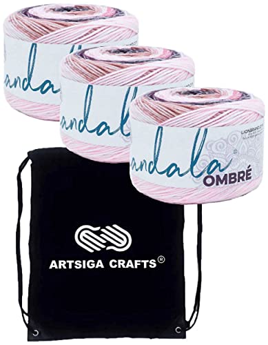 Lion Brand Knitting Yarn Mandala Ombre Yarn Felicity 551-213 (3-Skeins) Same Dye Lot Worsted Medium #4 Soft 100% Acrylic Bundle With 1 Artsiga Craft Bag #TOP13