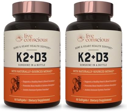 Live Conscious Vitamin K2 MK7 with D3 Supplement | Bone & Heart Health Support – Patented Vitamin K & Vitamin D3 5000 IU (2-Pack)