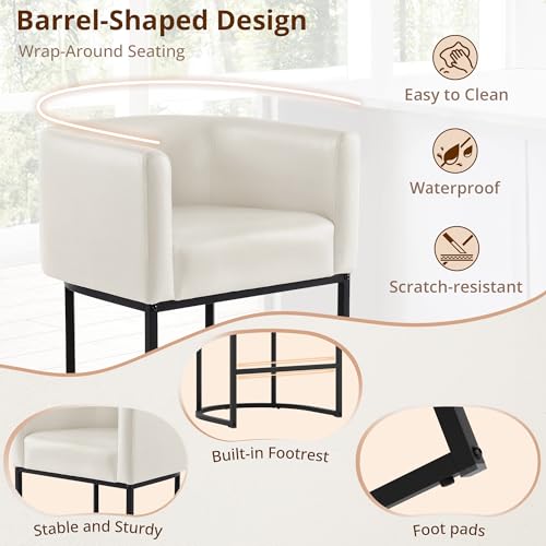 Image of LUE BONA Counter Height Bar Stools Set of 2, Modern Barrel Counter Stools with Backrest and Arms, Black Metal Frames, Faux Leather Upholstered Accent Barstools for Kitchen Island, Antique White