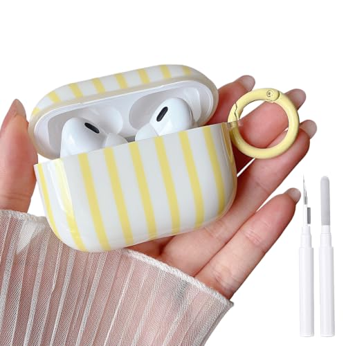 Image of MINSCOSE for AirPods Pro 2nd /1st Generation Clear Case,Cute Striped Pattern Design with Girly Keychain Ring,Soft TPU Protective Shockproof Cover with Cleaner Kit for Airpods Pro /Pro 2-Yellow