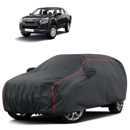 Image of Sulfar 100% Water Resistant Car Body Cover Compatible with Mirror for Isuzu Hi-Lander (Triple Stitched, Full Bottom Elastic, Dark Grey Tafetta with Red Piping)