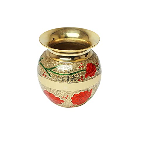 Small Brass Kalash with Minakari Work Lota Pot Utensils Drinkware for Pooja Puja Indian Traditional Decoration for Temple Home Office Pure Copper Vessel Lota Kalash(Size-3''x3''x3.5'')(Golden)