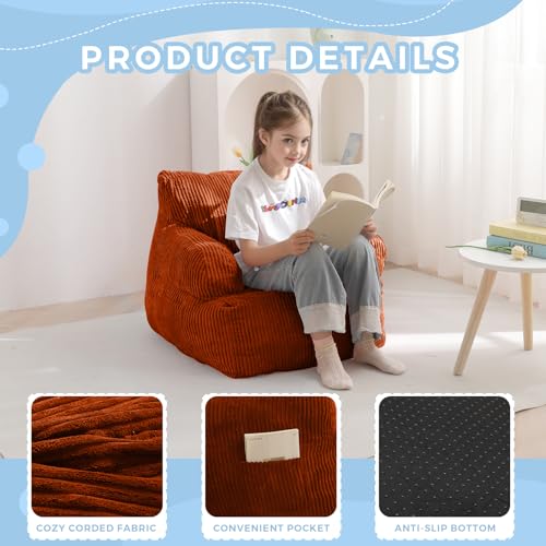 Image of MAXYOYO Kids Bean Bag Chair, Stuffed Bean Bag Sofa, Orange, Standard | Bean Bag Chair for Boys and Girls, Lazy Sofa with Pocket Floor Chair for Gaming, Reading