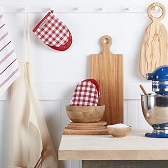 KitchenAid Gingham Cotton Mini Oven Mitt 2-Pack Set, Passion Red, 5.5"x8"