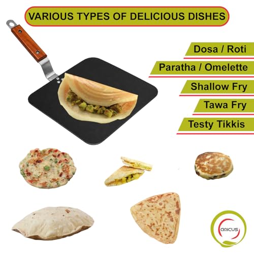 Image of amicus Pure Iron Tawa for Roti Dosa Chapati Omelette, Flat Square Iron Tava, Gas Stove Compatible, 9X9 Inch, 1.25 Kg, Black, 100% Smooth Food Grade, Multi-Purpose Tawa