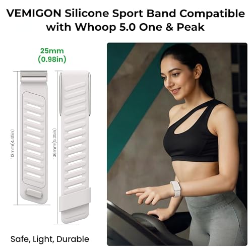 Image of VEMIGON Silicone Sport Band Compatible with Whoop 5.0 One /Peak, Life /MG, Breathable, Adjustable Waterproof Replacement Wristband Strap with Stainless Steel Frame Connector, NOT for Gen 4.0(Band only)