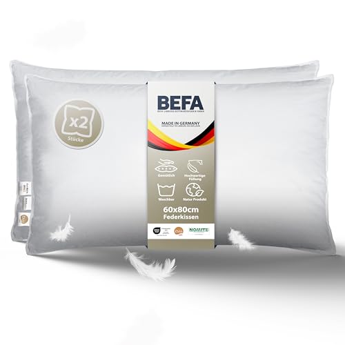 BEFA NATUR Almohada de plumas de 60 x 80 cm, extrafirme (2 unidades), juego de almohadas 100 % plumas, peso de relleno de 2250 g/pieza, alérgicos (NOMITE), bienestar de los animales (DOWNPASS