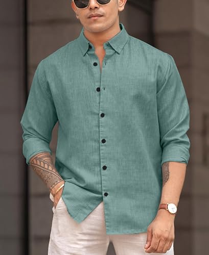 Image of Men's Solid Linen Blend Cotton Shirt | Full Sleeve Plain Shirt for Men | Regular Fit Casual & Formal Wear