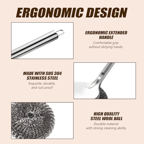 Image of Steel Wool Scrubber with Handle, Cast Iron Scrubber, Stainless Steel Scrubber, with 5 Refills and Long Handle Stainless Pot Brush, Remove Dirt, for Cleaning Stoves, Sinks, Dishes, Grills, Bowls