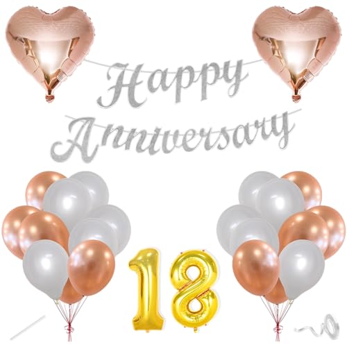 Image of Flyloons 18th Happy Anniversary Decoration Items Rose Gold White for Men Women Husband Wife Mom Dad Parent Couple Home Bedroom Car With 20 Pcs Metallic Balloons Anniversary Banner 2 Pcs Heart Set Kit