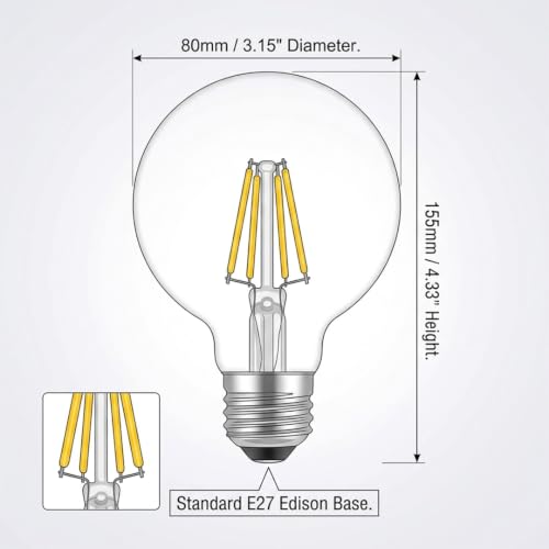 Image of Fizzytech G80 LED Filament Globe Bulb, Warm White 3500K, Clear Glass Decorative Edison Light, E26 /E27 Standard Base, Energy Efficient Lamp for Home, Bedroom, Living Room, Cafe & Restaurant - Pack of 4