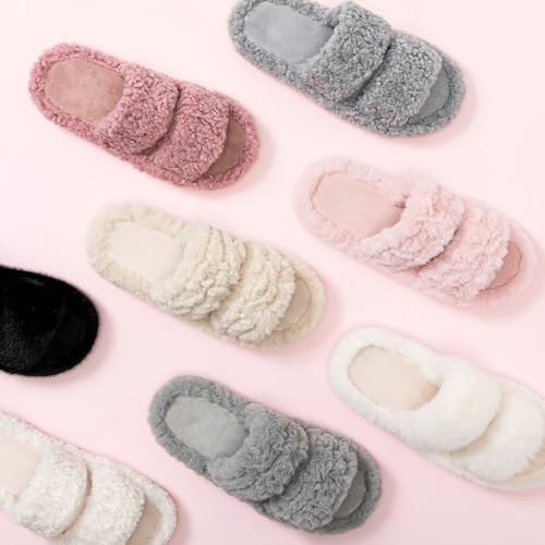 Image of RockDove Women's Pluffie Open Toe Slippers | Arch Support & Memory Foam, Cozy Faux Fur, Gift-Ready Design, Indoor & Outdoor Comfort