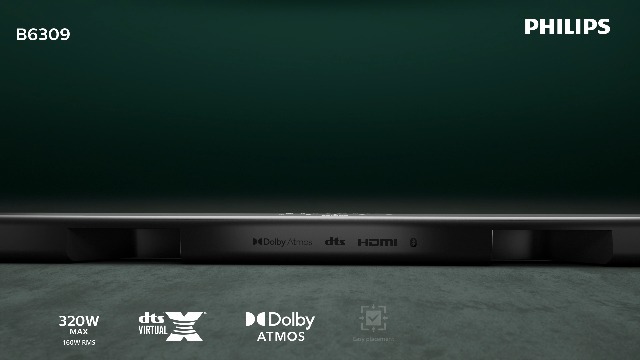 Philips TAB6309 Soundbar 2.1 Con Subwoofer Wireless – 320W, DTS Virtual:X, Dolby Atmos, HDMI ARC E Bluetooth 5.4, Grigio Scuro