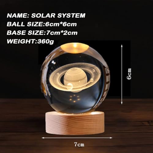 Image of 3D Solar System Crystal Ball Night Light Dimmable Warm White Night Lights Wooden Base Fantasy Decoration Crsytal Ball Nightlight - Led