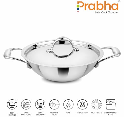 Image of Prabha Prima Kadhai Flat Bottom with Lid, Stainless Steel, Kitchen Kadhai, 18cm, 1.4L, Induction & Non Induction Base, 60 Months Warranty